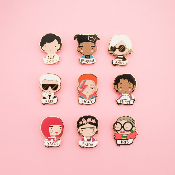broche, odette et lulu, sketch inc, becky, créateurs, concept store, eshop, pin's, icônes, icone pop, icone art, prince, ziggy, david bowie, frida, frida kahlo, andy warhol, basquiat, coco chanel, chanel, karl lagerfeld, création, 2017, hommage