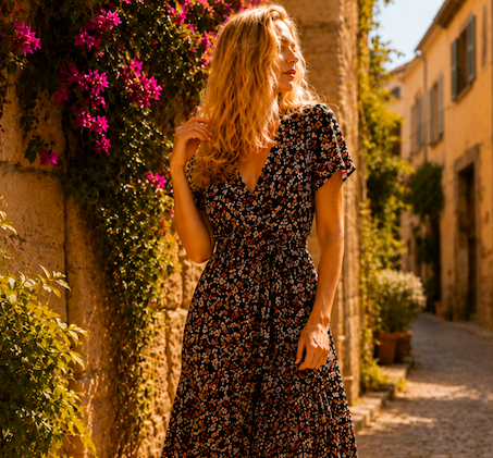 Robe cache-coeur prairie fluide longue – liberty noire, fleurs bleues ou roses